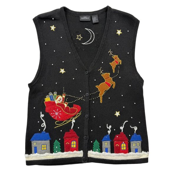 VTG Christmas Flying Santa Reindeer Sky Sweater Vest Black Grandma Teacher Sz L - Picture 2 of 10